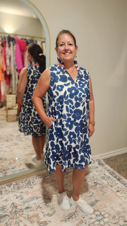 Blue Floral Sleeveless Mini Dress with Contrast Collar
