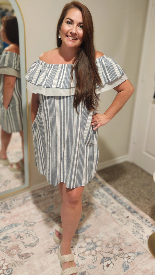 Off-Shoulder Striped Double Ruffled Mini Dress