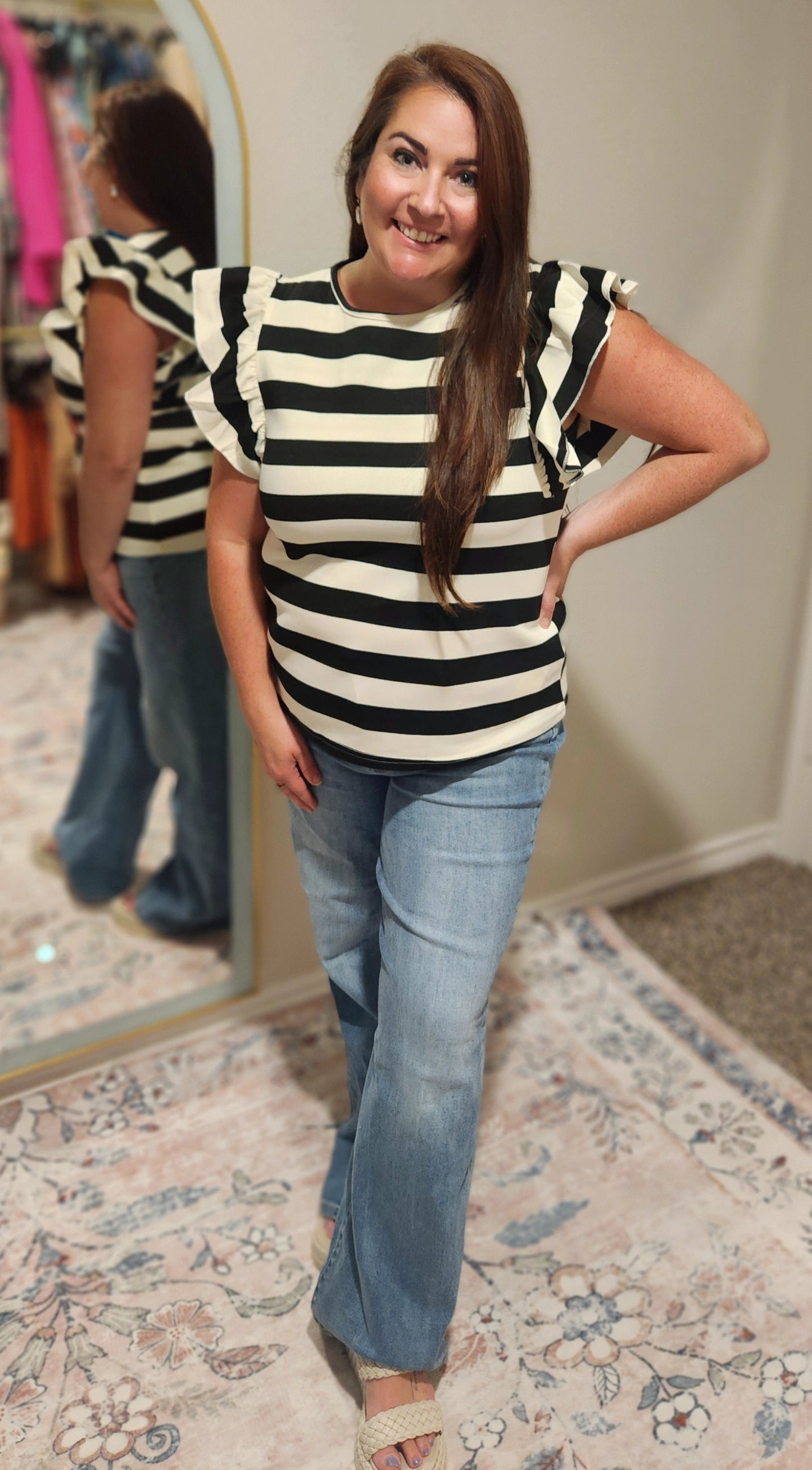 Black and White Striped Blouse with Ruffle Details