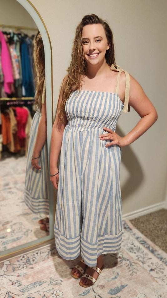 Light Blue Striped Chevron Waist Midi Dress
