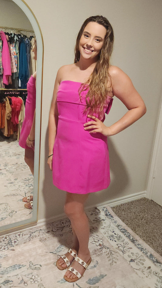 Hot Pink Strapless Mini Dress with Bow Back