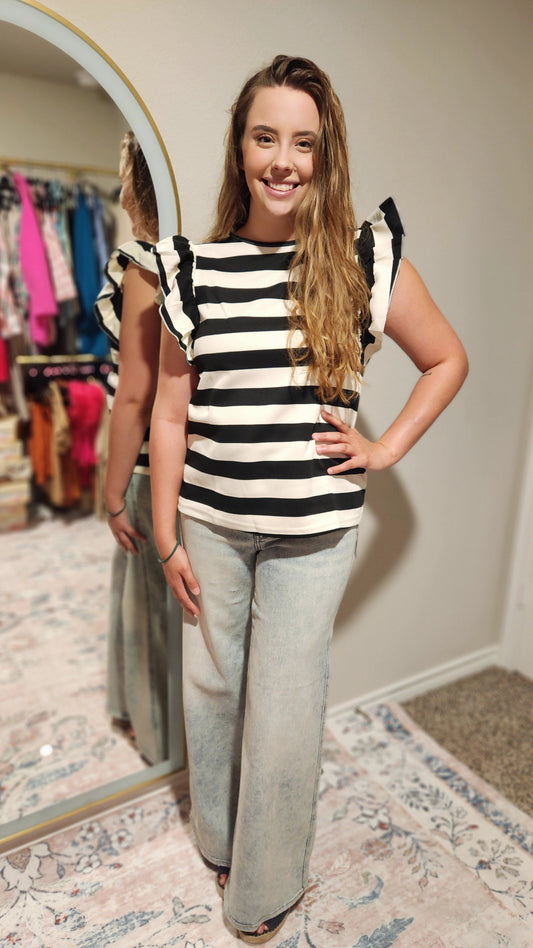 Black and White Striped Blouse with Ruffle Details