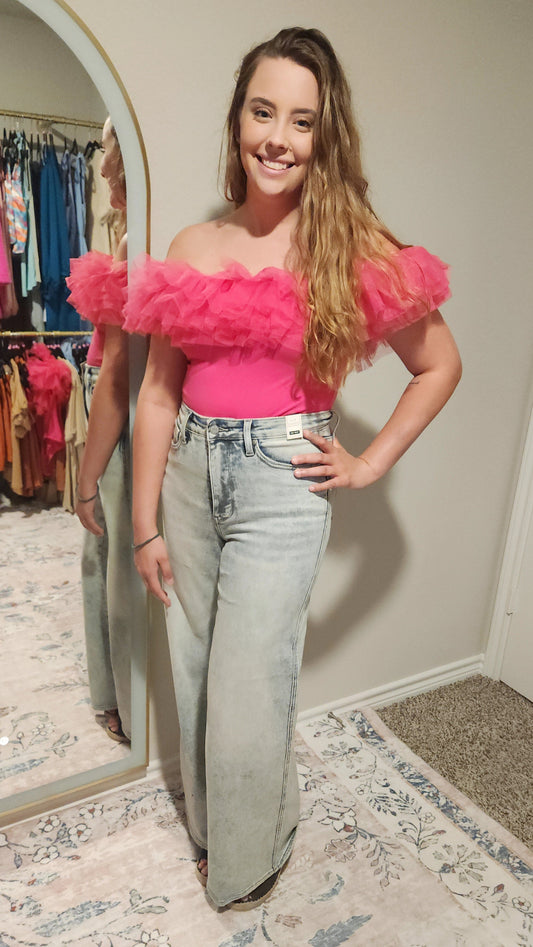 Hot Pink Off-the-Shoulder Tulle Bodysuit