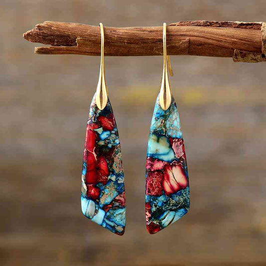 Red and Turquoise Geometrical Shape Imperial Jasper Dangle Earrings