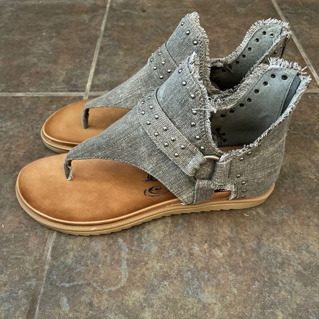 Grey Sandal with Fringe Hem and Stud Accents