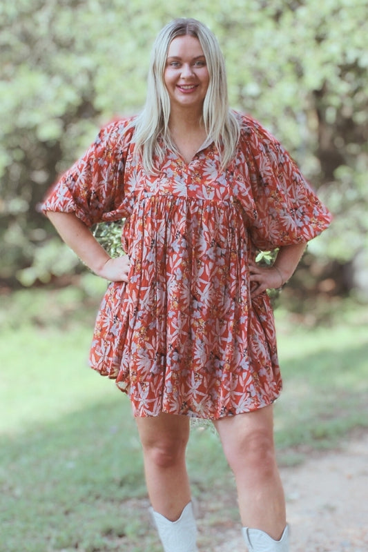 Elevate Your Style with a Gorgeous Floral Print Half Sleeve Mini Dress - Rust