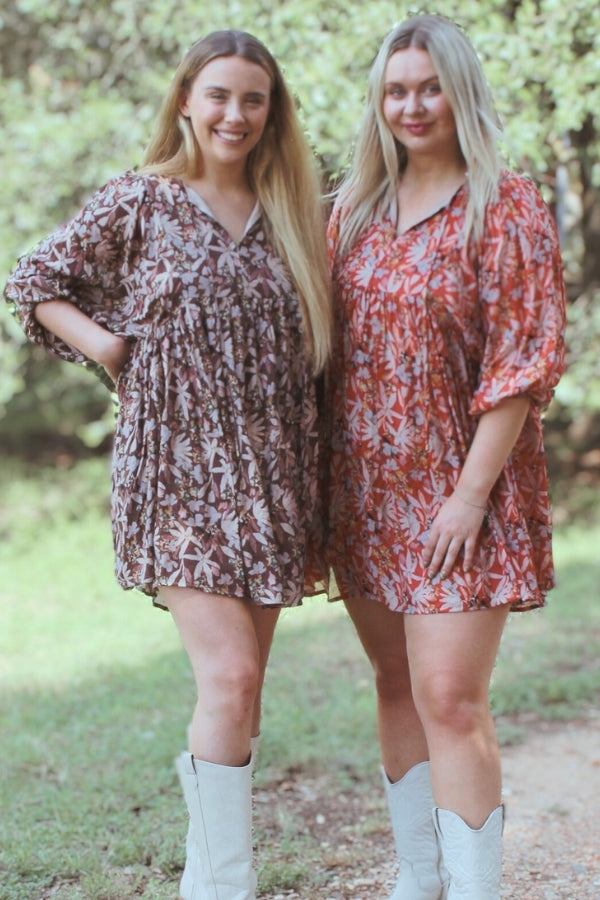 Elevate Your Style with a Gorgeous Floral Print Half Sleeve Mini Dress - Rust