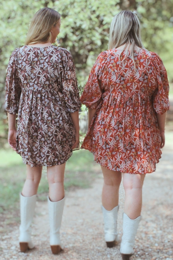 Elevate Your Style with a Gorgeous Floral Print Half Sleeve Mini Dress - Rust