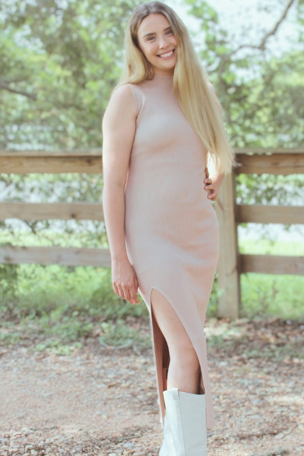 Taupe Knit Midi Dress with Side Slit