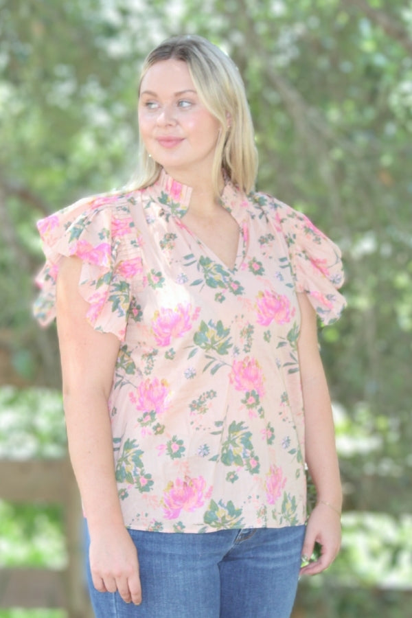 Peach Floral Print Light and Airy Blouse