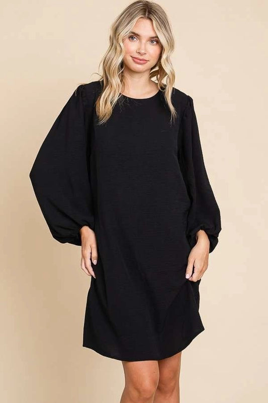 ROUND NECK POET SLEEVE SHIFT DRESS-BLACK