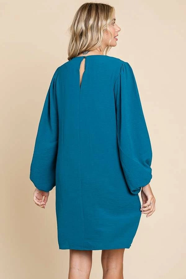 ROUND NECK POET SLEEVE SHIFT DRESS-DEEP TURQUOISE