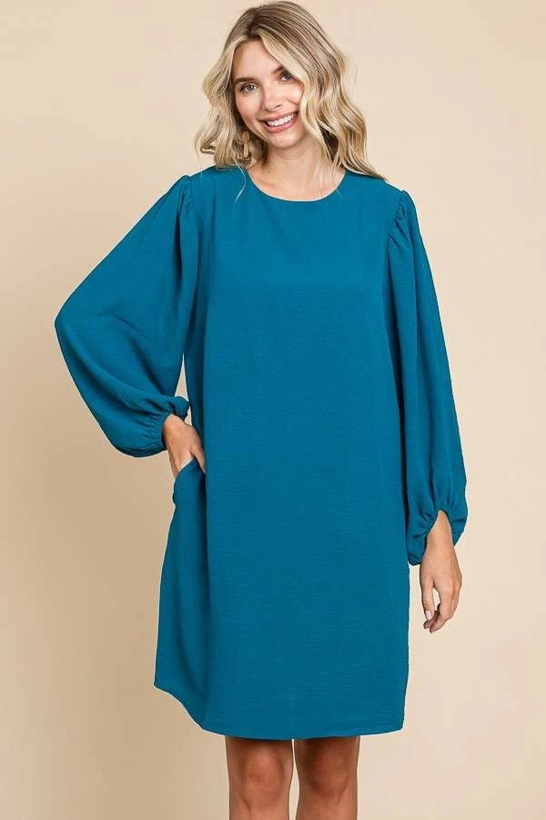 ROUND NECK POET SLEEVE SHIFT DRESS-DEEP TURQUOISE