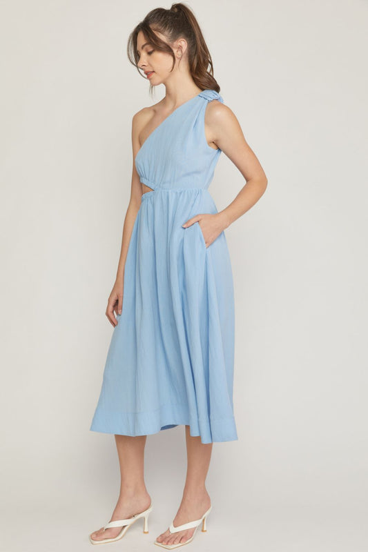 Pastel Blue One Shoulder Dress with Cut-out