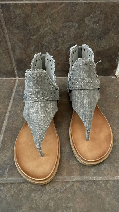 Grey Sandal with Fringe Hem and Stud Accents