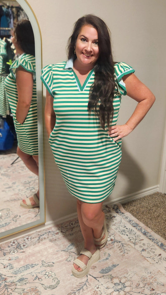 Green & White Striped Ruffle Dress