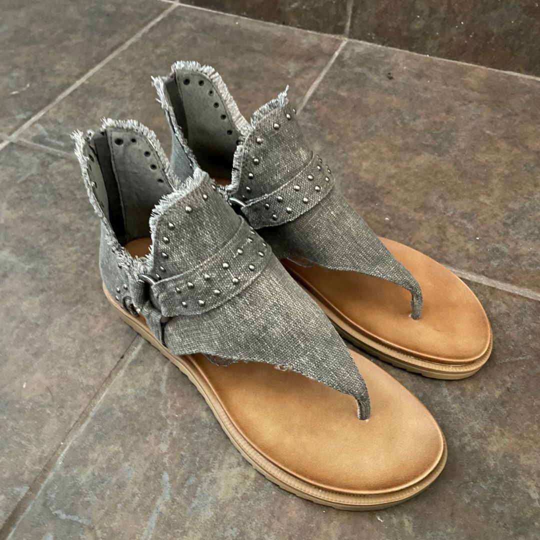 Grey Sandal with Fringe Hem and Stud Accents