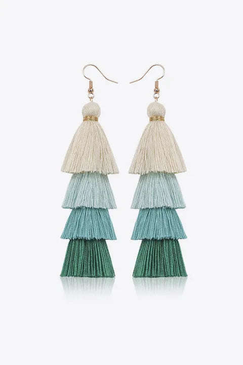 Cream to Green Four-Layer Tassel Earrings