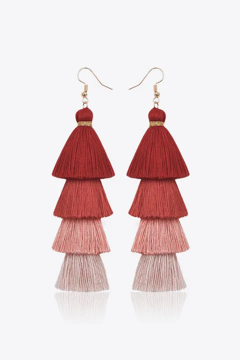 Red to Pink Four-Layer Tassel Earrings
