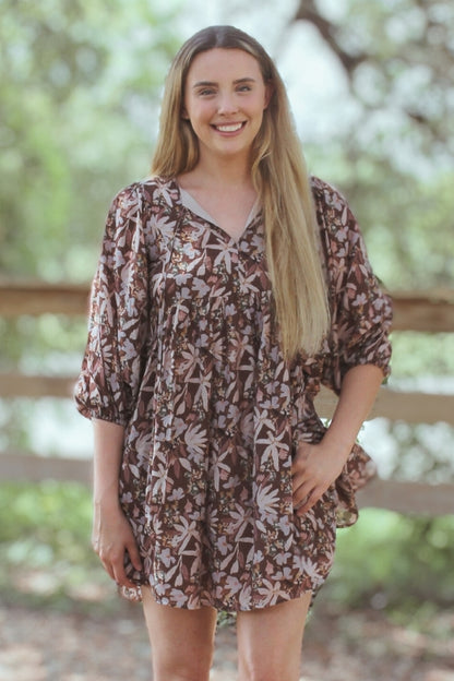 Elevate Your Style with a Gorgeous Floral Print Half Sleeve Mini Dress - Chocolate