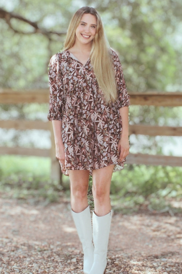 Elevate Your Style with a Gorgeous Floral Print Half Sleeve Mini Dress - Chocolate