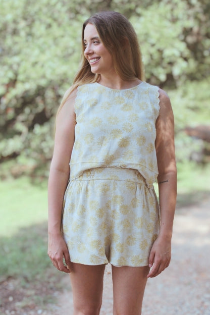 Yellow Floral Set with Scallop Tank and High Waisted Shorts