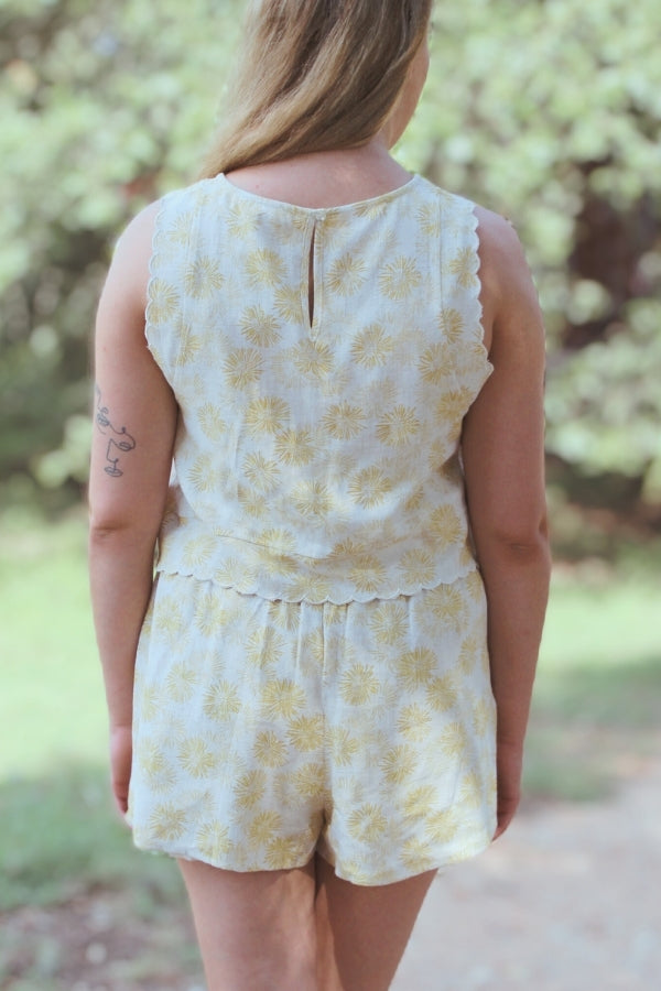 Yellow Floral Set with Scallop Tank and High Waisted Shorts