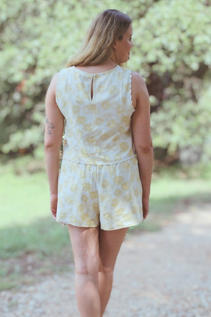 Yellow Floral Set with Scallop Tank and High Waisted Shorts