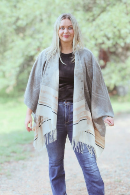 Grey Multi Aztec Printed Shawl Cardigan