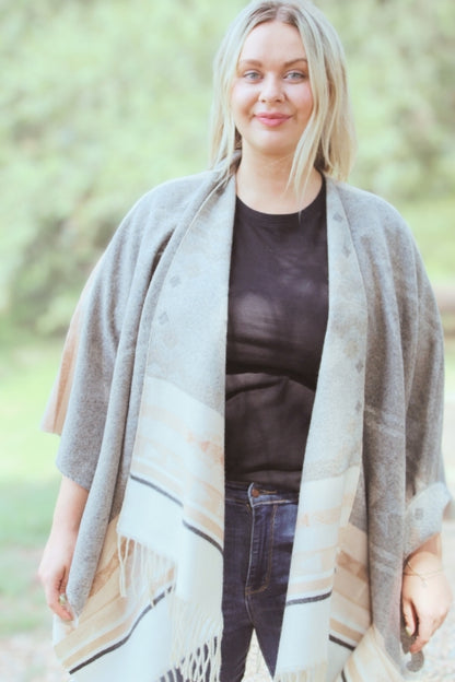 Grey Multi Aztec Printed Shawl Cardigan