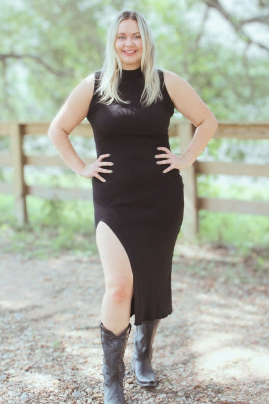 Black Knit Midi Dress with Side Slit