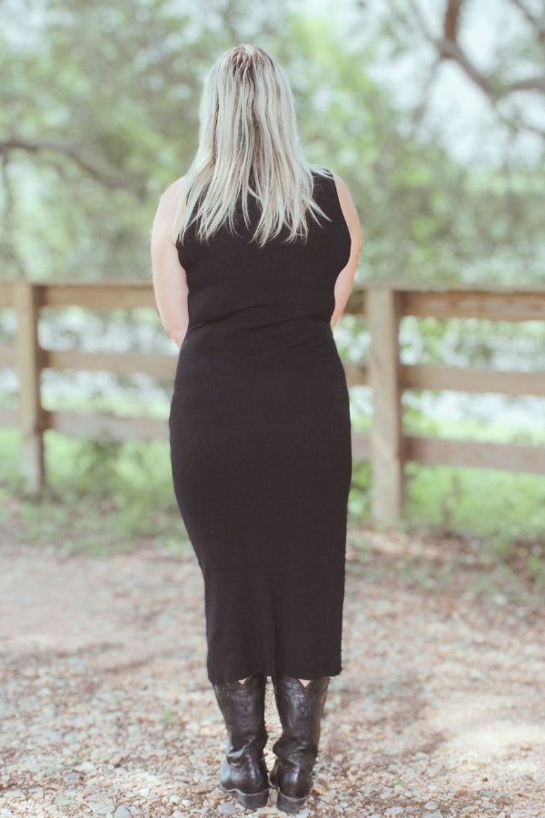 Black Knit Midi Dress with Side Slit