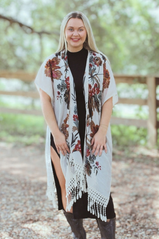 White Floral Printed Lace Detail Tassel bottom Kimono Cardigan