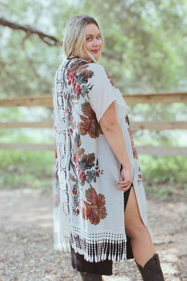 White Floral Printed Lace Detail Tassel bottom Kimono Cardigan