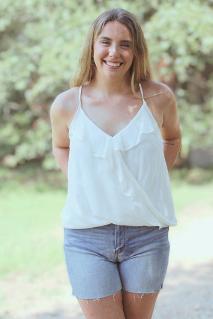 White Spaghetti Strap Tank with Ruffle Details