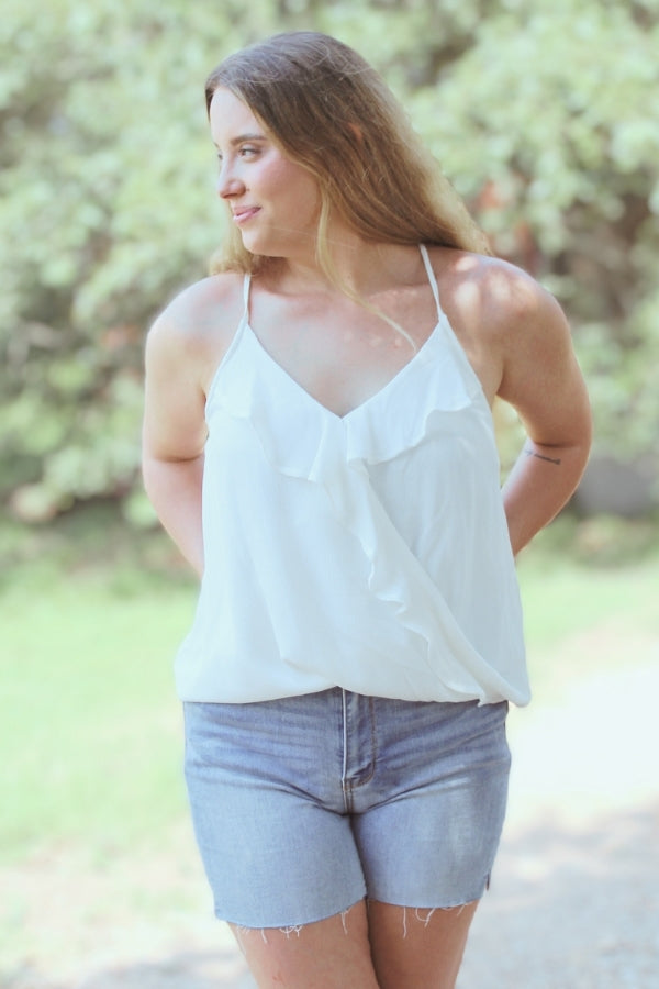 White Spaghetti Strap Tank with Ruffle Details