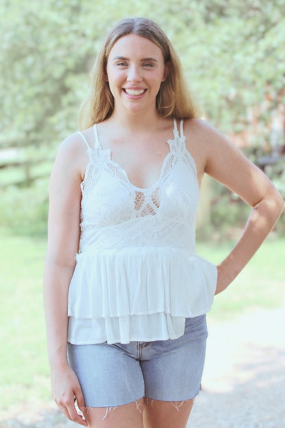 White Floral Spaghetti Straps with Ruffles