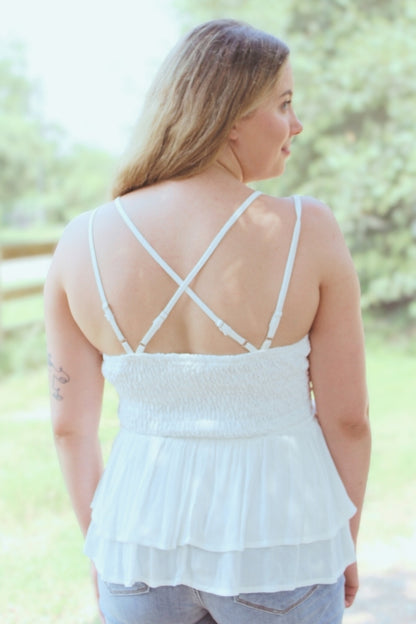 White Floral Spaghetti Straps with Ruffles