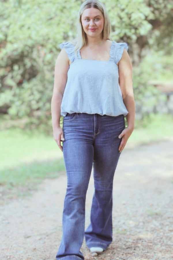 Floral Blue Bubble Tank with Ruffle Sleeves