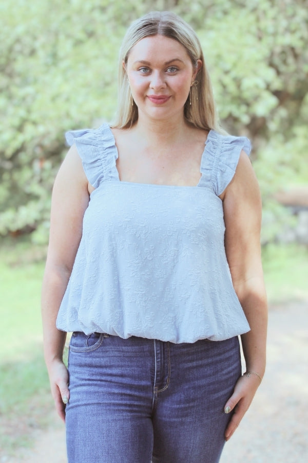 Floral Blue Bubble Tank with Ruffle Sleeves