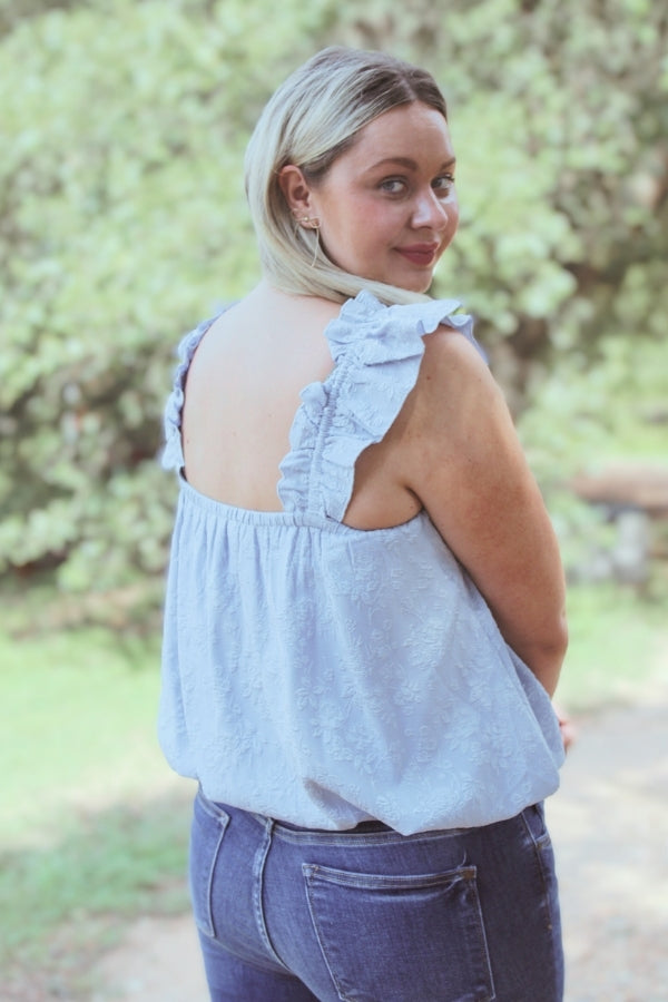 Floral Blue Bubble Tank with Ruffle Sleeves