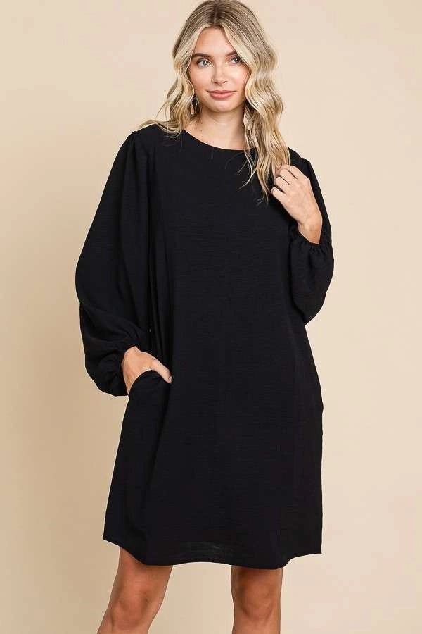 ROUND NECK POET SLEEVE SHIFT DRESS-BLACK