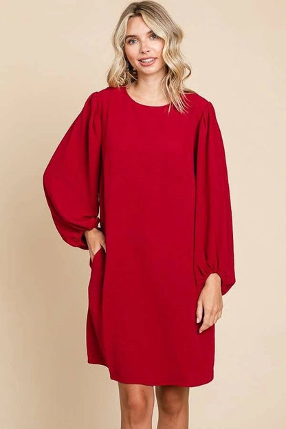 ROUND NECK POET SLEEVE SHIFT DRESS- HOLIDAY RED