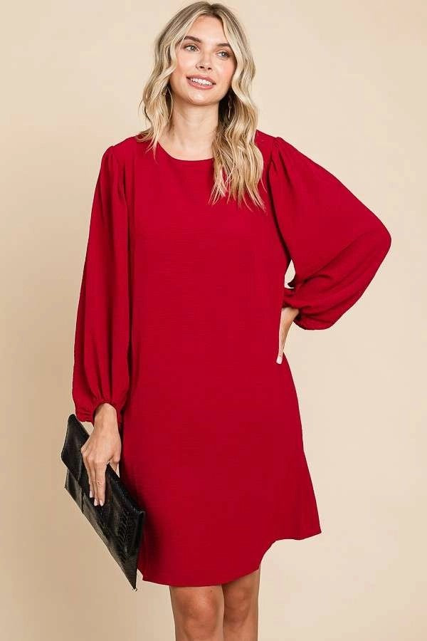 ROUND NECK POET SLEEVE SHIFT DRESS- HOLIDAY RED