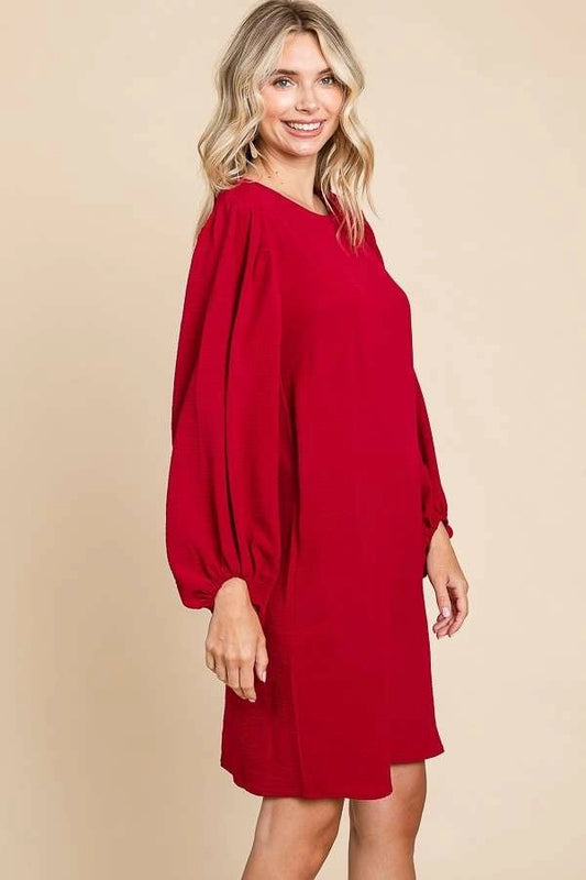 ROUND NECK POET SLEEVE SHIFT DRESS- HOLIDAY RED