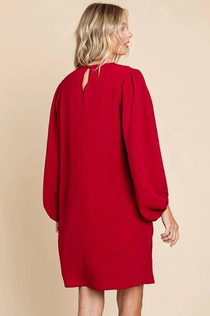 ROUND NECK POET SLEEVE SHIFT DRESS- HOLIDAY RED