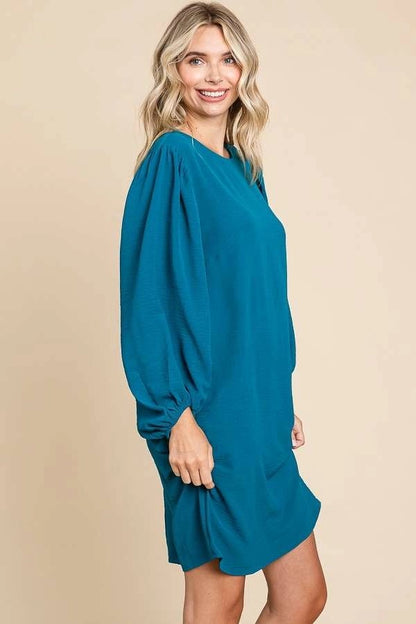 ROUND NECK POET SLEEVE SHIFT DRESS-DEEP TURQUOISE