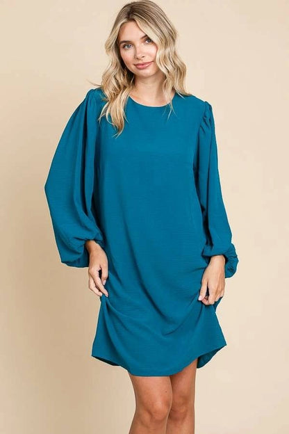 ROUND NECK POET SLEEVE SHIFT DRESS-DEEP TURQUOISE