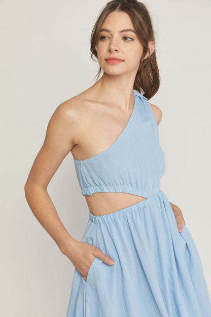 Pastel Blue One Shoulder Dress with Cut-out