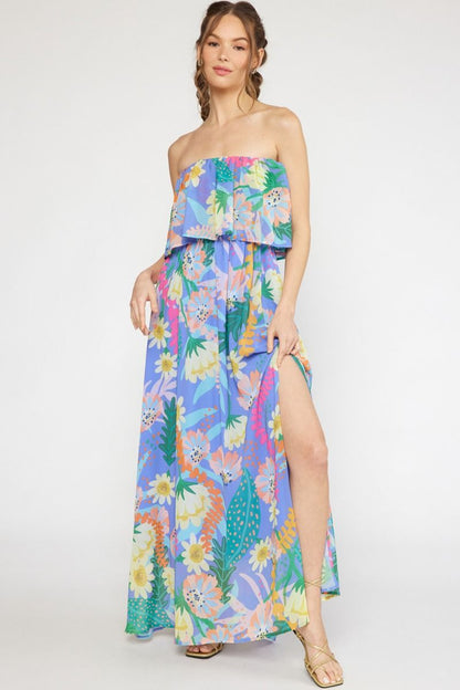 Tropical Blue Floral Strapless Dress with Slit